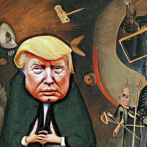 Prompt: a painting of donald trump, in the style of hieronymus bosch.