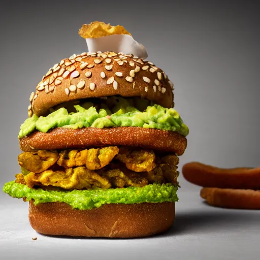 Prompt: vegan hamburger with guacamole topping crispy fried onion topping and fried egg topping, crispy buns, side view, 3 toppings, 8 k resolution, studio lighting, sharp focus, hyper - detailed
