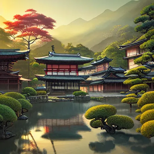 Image similar to old japanese town with garden viewed from harbor, d & d digital painting, ultra realistic, beautiful, volumetric lighting, warm colors advance, cell shading, by james jean, greg rutkowski,