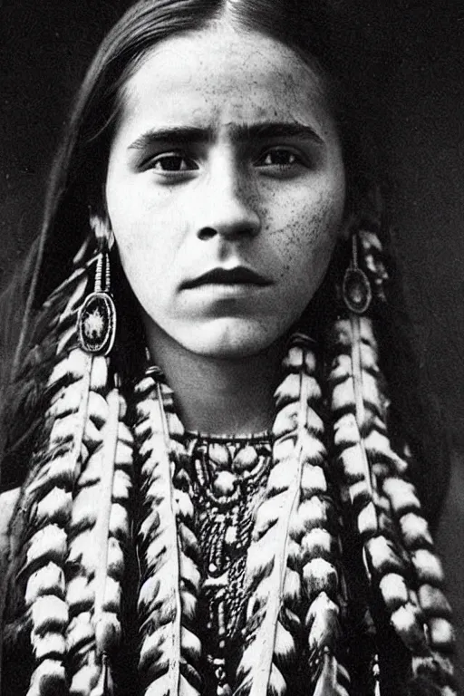 Image similar to “Photo of Native American indian woman Emma Watson, portrait, skilled warrior of the Chiricahua Apache, Lozen was the sister of Victorio a prominent Chief, showing pain and sadness on her face, ancient, realistic, detailed, emma watson”