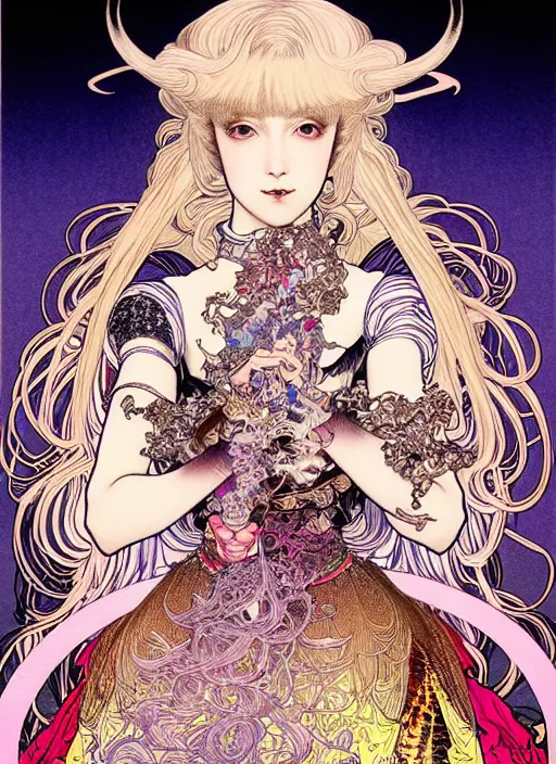 Image similar to highly detailed terada katsuya artstation ayami kojima manga poster of princess mechine, rainbow gradient reflection, long hair, armor, dress, laces, ruffles, 8 k, maximalist,, jump comics, tomer hanuka, alphonse mucha