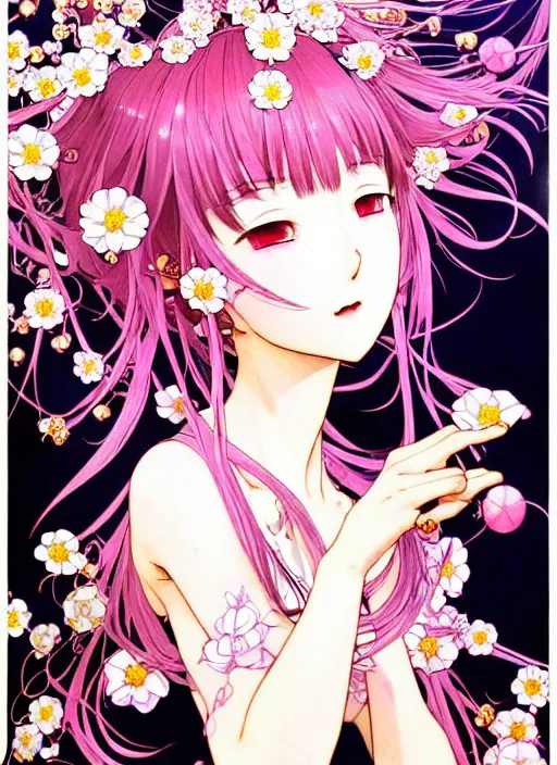 Image similar to exquisite imaginative manga poster art of vamprie girl, flowers, pearlescent, shimmering, reflective, rim light, clear face, detailed background, by kojima ayami, shigenori soejima, minaba hideo, alphonse mucha, dark fantasitic, illustration, artstation, pivix, concept art, highly detailed, colorful, maximalist