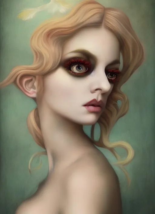 Image similar to pop surrealism, lowbrow art, realistic beautiful seductive girl painting, flowing gown, hyper realism, muted colours, rococo, natalie shau, loreta lux, tom bagshaw, mark ryden, trevor brown style,