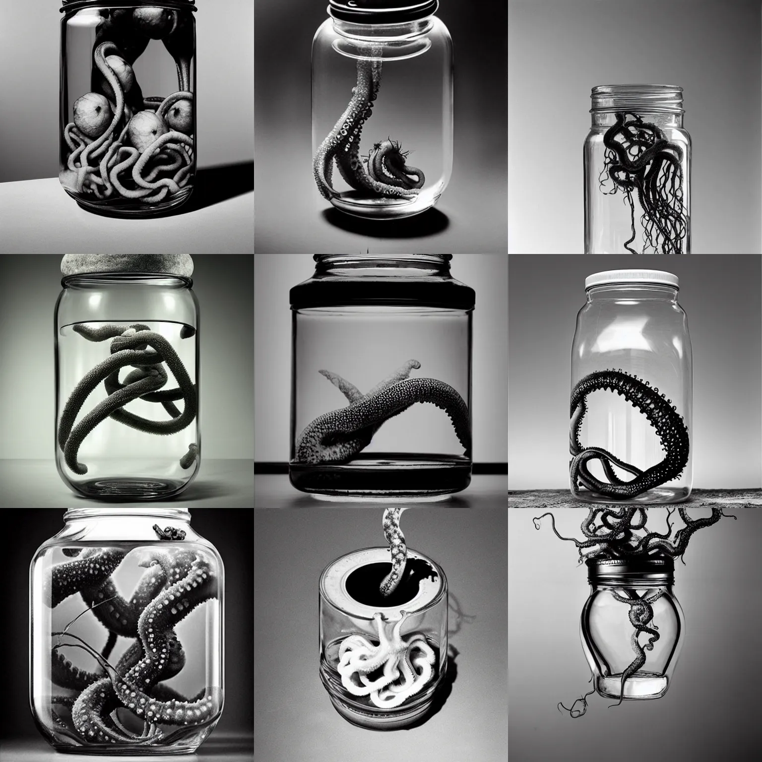 Prompt: rotten tentacles coming out of one rotten apple inside a glass jar hyperrealistic photography highly detailed in the style of chema madoz