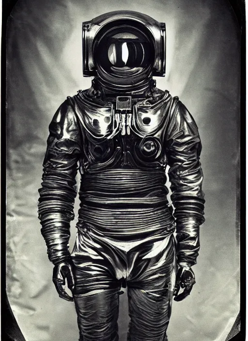 Image similar to old wetplate daguerreotype portrait of a futuristic silver armored space astronaut cyborg, fractal, intricate, elegant, highly detailed, parallax, leica, medium format, subsurface scattering, by jheronimus bosch and greg rutkowski and louis jacques mande daguerre