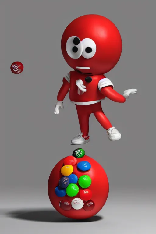 Image similar to a single red m & m candy with white arms and legs, a red sphere wearing a white baseball cap, eminem as the red m character standing on a floor covered with m & m candies, m & m candy dispenser!!!, m & m plush, unreal engine, studio lighting, unreal engine, volumetric lighting, artstation, cosplay, by hans bellmer