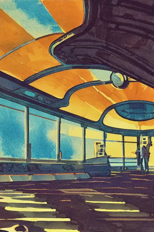 Prompt: a 70s impressionist watercolor of a retro 70s sci-fi psychedelic underground train station by Syd Mead and by Gail Brodholt, by Wes Anderson, spiraling design