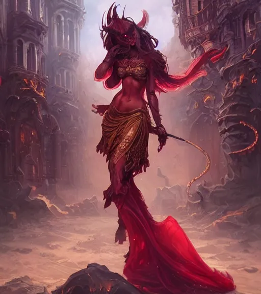 Image similar to demons, full dress, full body portrait, gentle, female, city landscape, d & d, fantasy, intricate, elegant, highly detailed, digital painting, red gold color palette, artstation, octane render, concept art, matte, sharp focus, illustration, hearthstone, art by artgerm and greg rutkowski and alphonse mucha