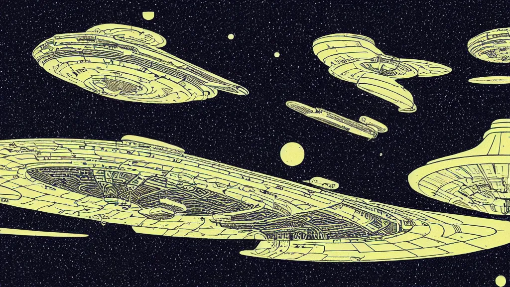 Prompt: A wide shot, galactic spaceship battle, flat design, screen print by Kawase Hasui and dan hillier