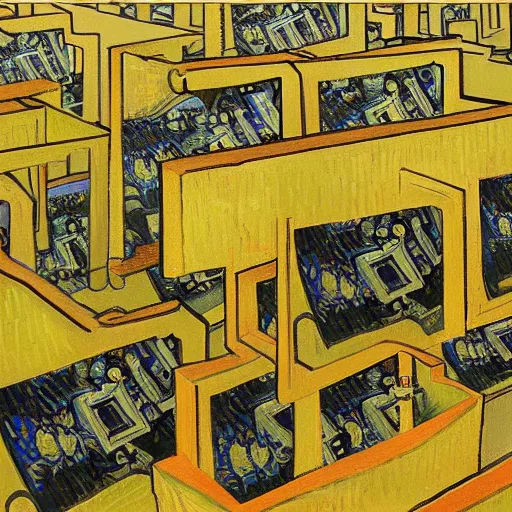 Image similar to painting of computer recursion by van gogh and mc escher, hyperdetailed