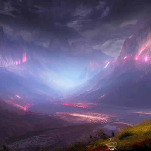 Image similar to huge valley, extreme drama, distant glow, hdr, movie still, fully photorealistic, artstation, beautiful concept art, sharp luminescent focus, nd 6, sony fx 6, glowing luminescent invocations