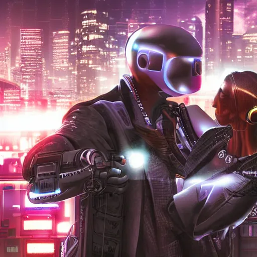 Image similar to realistic, symmetrical, cyberpunk city, man and women in love in a gunfight with robot police.