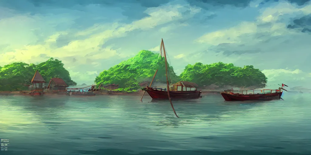 Prompt: pulau indah village, boat in foreground, early morning, detailed matte painting, low angle view, telephoto lens, bokeh, studio ghibli, artstation