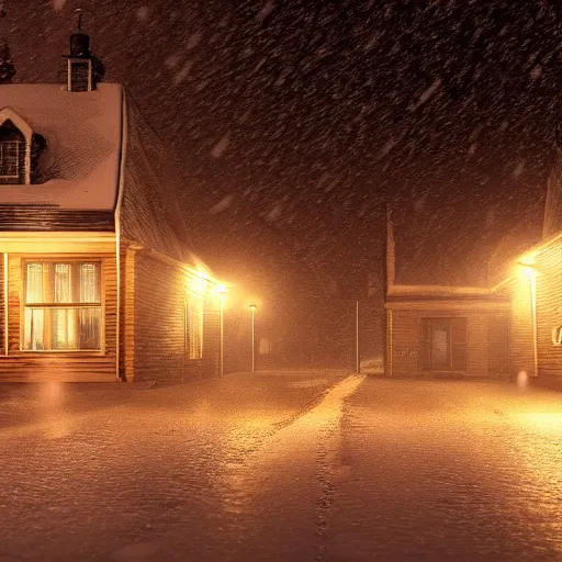 Prompt: snow dark rainy night, lights, swedish houses, cars driving on road, rain on screen, planes flying in sky, realistic, cinematic, raytracing, intense detail, artstation