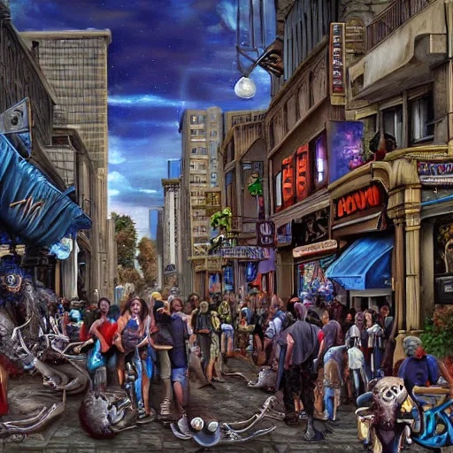 Prompt: street view of a busy street in a horror city, by wes benscoter, anne stokes,