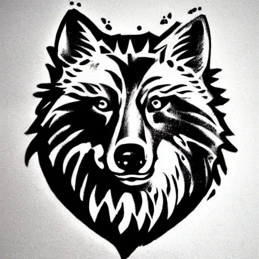 Image similar to concept tattoo design, stencil, bear, wreath surrounding wolf