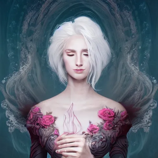 Image similar to a gorgeously defined woman with immensely glowing white hair and [ rose - designed medieval armor ], meditating in tranquility as [ her hair flows ]!!, surrealism art, trending on artstation, portrait!!, intricately detailed