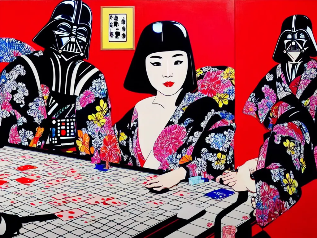 Image similar to hyperrealism composition of the detailed woman in a japanese kimono sitting at an extremely detailed poker table with darth vader, fireworks on the background, pop - art style, jacky tsai style, andy warhol style, acrylic on canvas