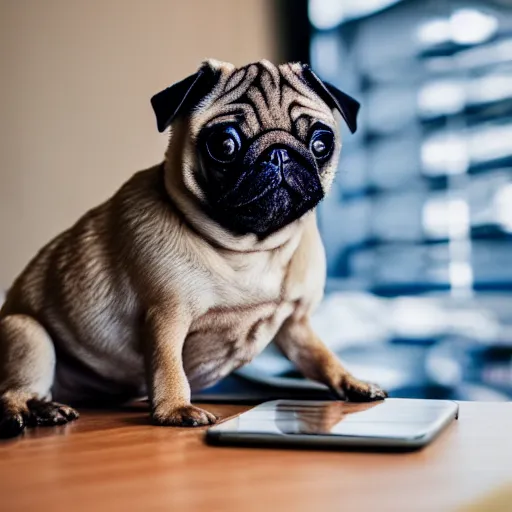 Prompt: 8k photograph of a miniature Pug at a table near a smartphone