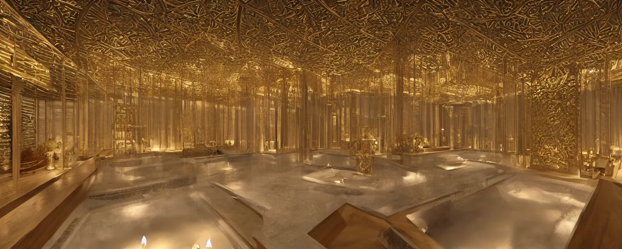 Image similar to interior of a 2 double height luxury spa with everything made of gold, candles, wellness pool, intricate detailed roof, contemporary design, sacred geometry, 8 k, hyperrealistic, photorealism,