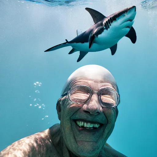 Image similar to elderly man swimming with a great white shark, smiling, happy, underwater, shark, great white, crystal clear water, adventure, canon eos r 3, f / 1. 4, iso 2 0 0, 1 / 1 6 0 s, 8 k, raw, unedited, symmetrical balance, wide angle