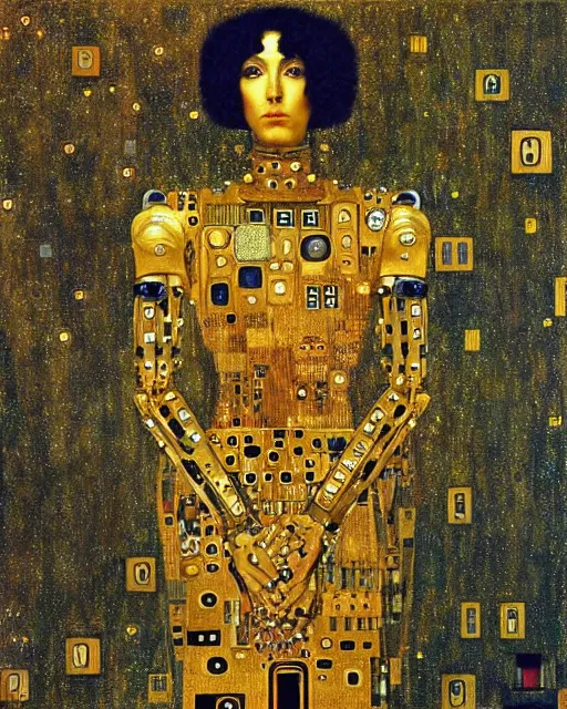 Image similar to Golden Portrait of a Robot from queen by Gustav Klimt, cyberpunk noir, baroque elements, intricate artwork by caravaggio, aesthetic, intricate, highly detailed, masterpiece