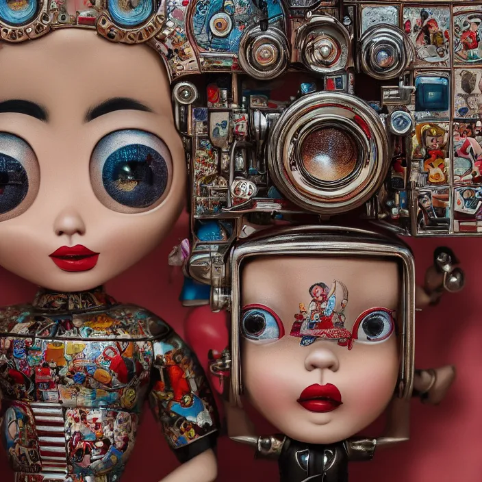 Image similar to closeup portrait of tin toy retro living room, depth of field, zeiss lens, detailed, symmetrical, centered, fashion photoshoot, by nicoletta ceccoli, mark ryden, lostfish, breathtaking, 8 k resolution, extremely detailed, beautiful, establishing shot, artistic, hyperrealistic, octane render