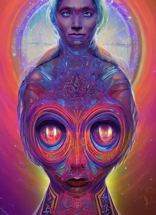 Image similar to one centered screen portrait of a future metaverse ayahuasca tech shaman warrior, 2 d cartoon, visionary art, symmetric, magick symbols, holy halo, shipibo patterns, sci - fi, concept art, trending on art station, 8 k digital art, by mandy jurgens, fantasy portrait art, anime