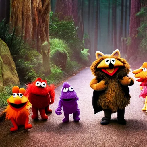 Prompt: a fox muppet wearing a hooded cloak herding a bunch of random muppet animals following behind through a dark forest, sesame street, photograph, photography, ultrarealistic, national geographic