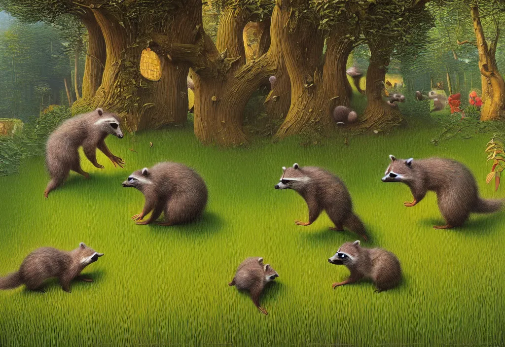 Image similar to hyper detailed 3d render like a Oil painting - playful raccoons frolic in a peaceful lush meadow, by Jacek Yerka, Mariusz Lewandowski, Houdini algorithmic generative render, Abstract brush strokes, Masterpiece, Edward Hopper and James Gilleard, Zdzislaw Beksinski, Mark Ryden, Wolfgang Lettl, hints of Yayoi Kasuma, octane render, 8k