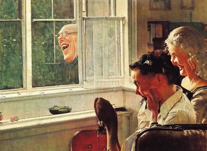 Image similar to a laughing man sitting by the window, a slim woman in the background, norman rockwell