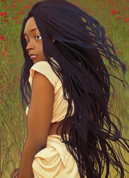 Image similar to pretty young black woman with shoulder length hair, path traced, highly detailed, high quality, digital painting, by studio ghibli and alphonse mucha, leesha hannigan, makoto shinkai, disney