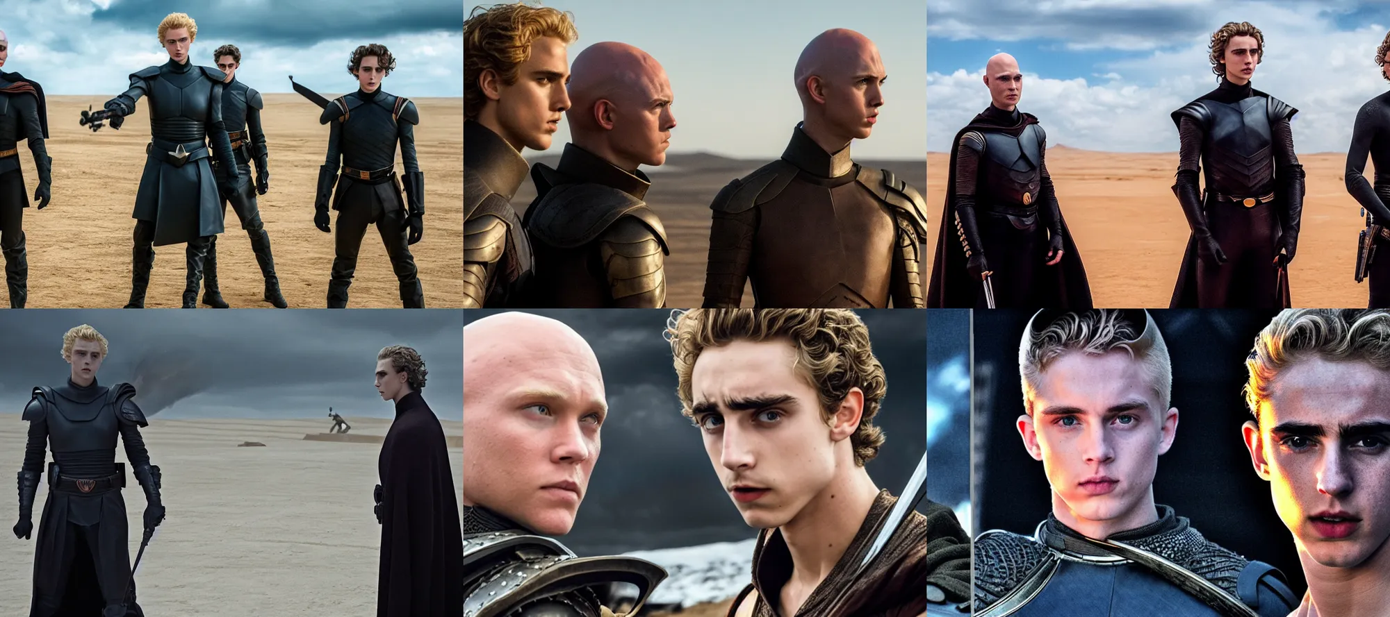 Prompt: Establishing shot of a duel between bald_ominous_brooding_Austin_Butler_as_Feyd-Rautha_Harkonnen against Timothee_Chalamet_as_Paul_Atreides, in an arena, clear gaze, detailed eyes