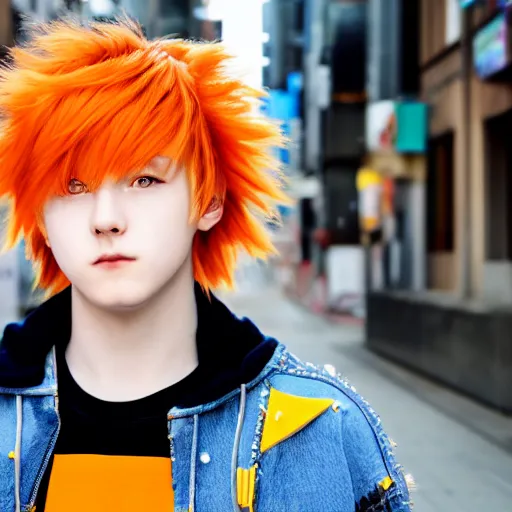 Prompt: orange - haired anime boy, 1 7 - year - old anime boy with wild spiky hair, wearing blue jacket, shibuya street, bright sunshine, strong lighting, strong shadows, vivid hues, sharp details, subsurface scattering, intricate details, hd anime, high - budget anime movie, 2 0 1 9 anime