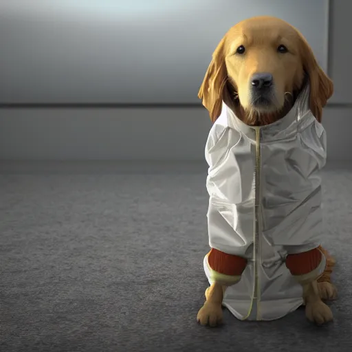 Prompt: golden retriever in hazmat suit, 8 k, cinematic, ultra realistic