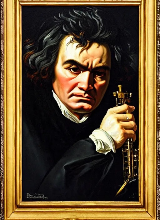 Image similar to highly detailed oil painting | very intricate | cinematic lighting | black, white and gold color scheme, dark background | the beast ludwig van beethoven in meditation | by roberto ferri, by gustav moreau, by singer sargent and klimt, american romanticism, occult art | by austin osman spare, artstation, cgsociety, official art, octane