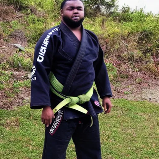 Image similar to photo of chubby black bjj athlete with long dreads posing, serious face, white belt