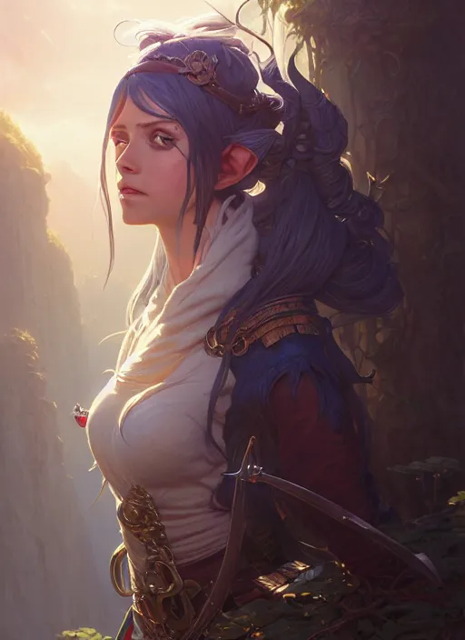 Image similar to highly detailed portrait of a elf woman pirate with long hair, stephen bliss, unreal engine, fantasy art by greg rutkowski, loish, rhads, ferdinand knab, makoto shinkai and lois van baarle, ilya kuvshinov, rossdraws, tom bagshaw, alphonse mucha, global illumination, radiant light, detailed and intricate environment