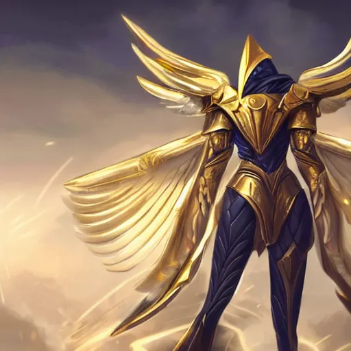 Image similar to cinematic, hyperdetailed elegant beautiful stunning league of legends azir armor fanart gold armored bird wings regal gold sunray shaped crown, warframe, destiny, octane