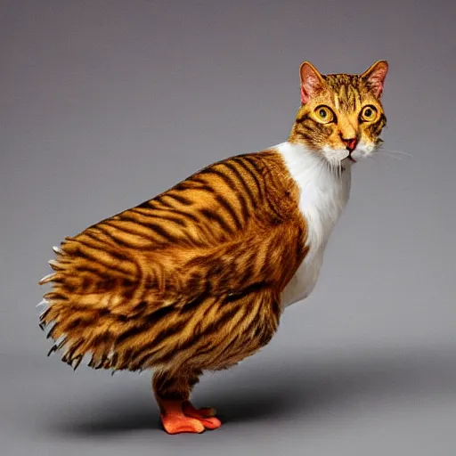 Prompt: hybrid of a cat and a chicken, studio lighting, award-winning, highly-detailed