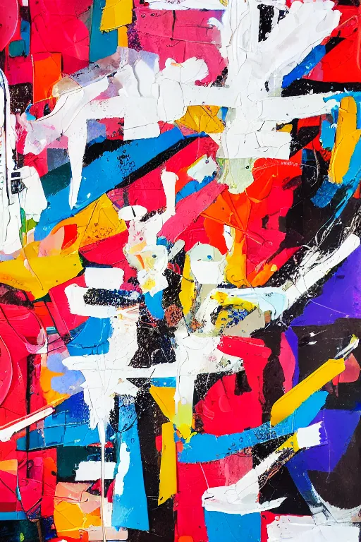 Prompt: abstract art painting, bold brush strokes and random paint splatters, vibrant, multi layered collage, off - white background, acrylic, spray paint, marker on canvas