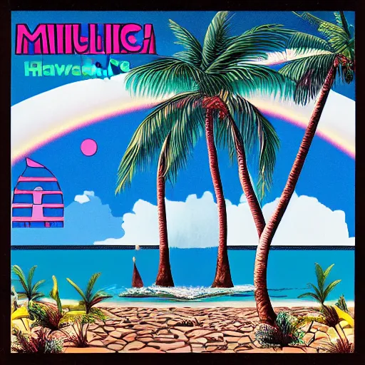 Image similar to miracle musical Hawaii part ii album cover, showing an ocean in the background, spiral transparent stairs on the left with tall palm trees behind it, a slight rainbow in the background, white outline border, moon in the right top area black and white except for the rainbow album cover