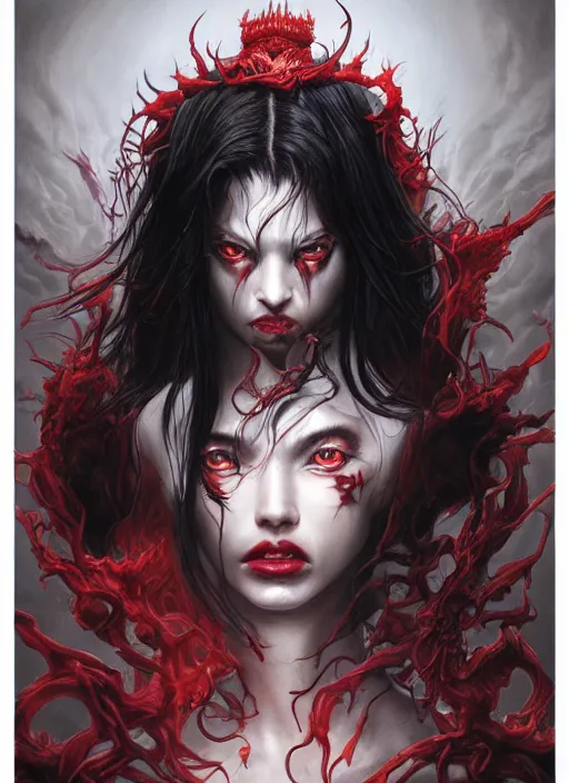 Image similar to a hyper detailed full face portrait of black haired girl with red eyes, queen of blades, sideshow figurines, diablo 4 lilith, by yusuke murata, by hiroya oku, by dorian cleavenger, by tom bagshaw, by zdzisław beksinski, trending on artstation