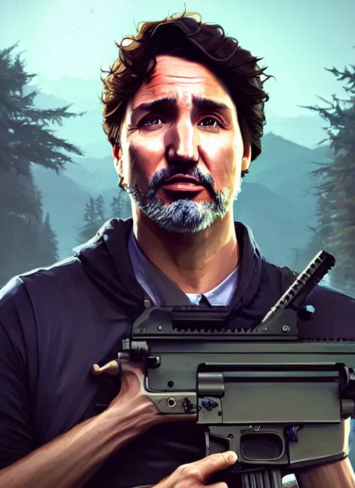 Image similar to highly detailed portrait justin trudeau in street gang attire holding ar - 1 5! in gta v stephen bliss unreal engine fantasy art by greg rutkowski loish rhads ferdinand knab makoto shinkai lois van baarle ilya kuvshinov rossdraws tom bagshaw global illumination radiant light detailed intricate environment