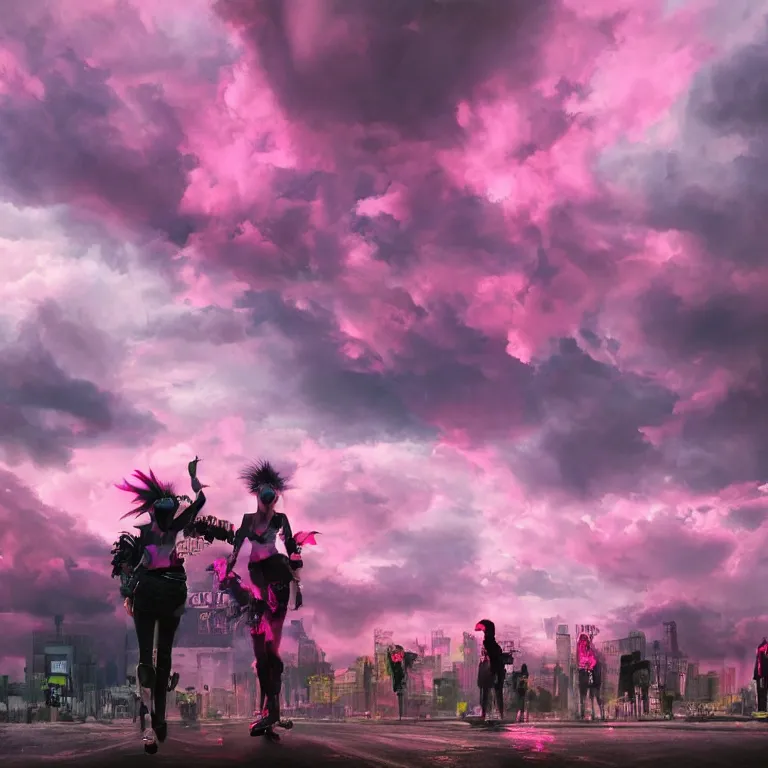 Prompt: oil painting, punk, punk back, pink, people with mohawks, neon, ultra detailed, contrast, heaven pink, clouds, sky, volumetric light, atmospheric lighting, dramatic, cinematic, steampunk, moody, octane render 4 k, 8 k