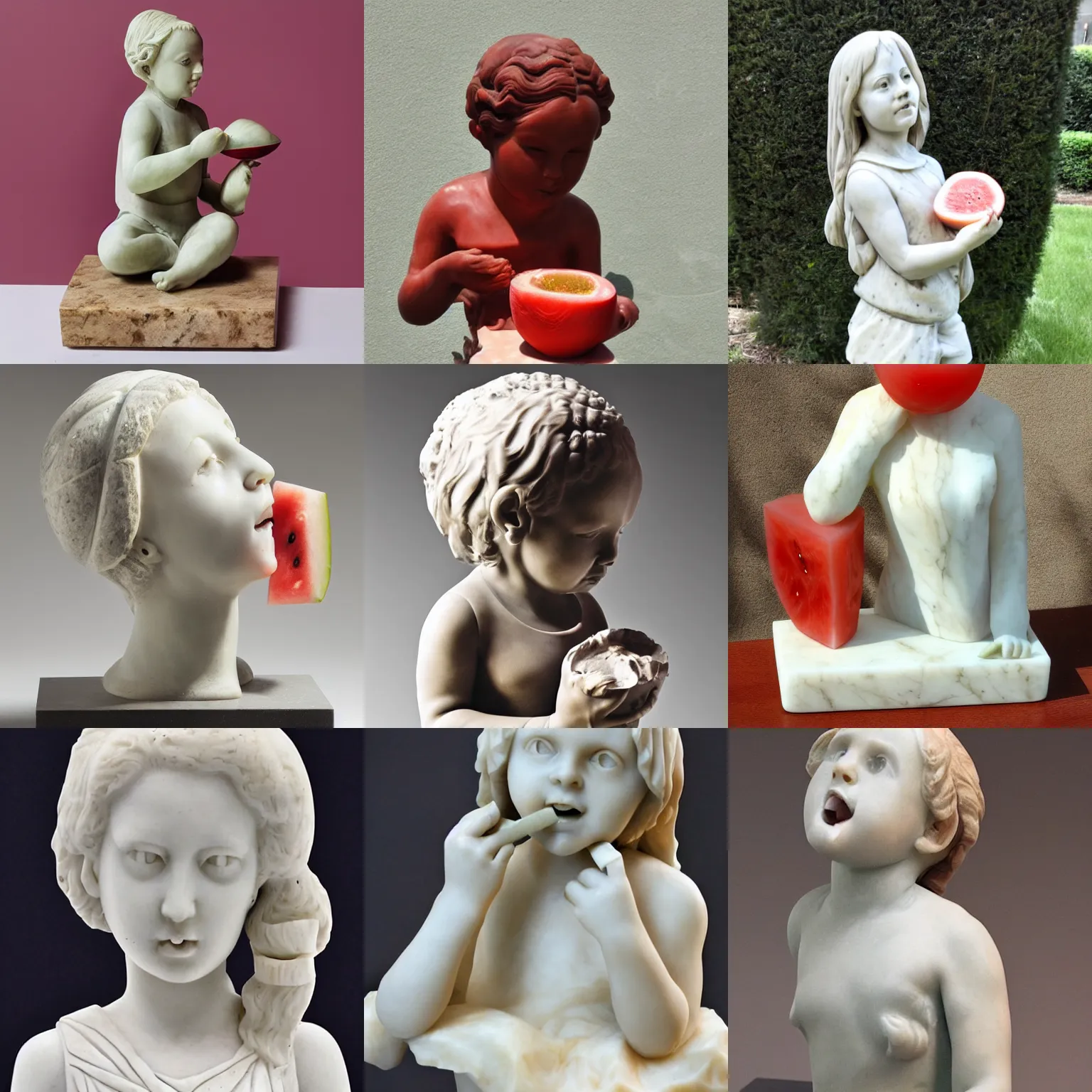 Prompt: marble sculpture of a girl eating watermelon