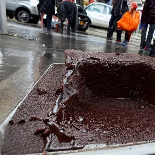 Image similar to people on street get sink on chocolate liquid rain, flooded with chocolate