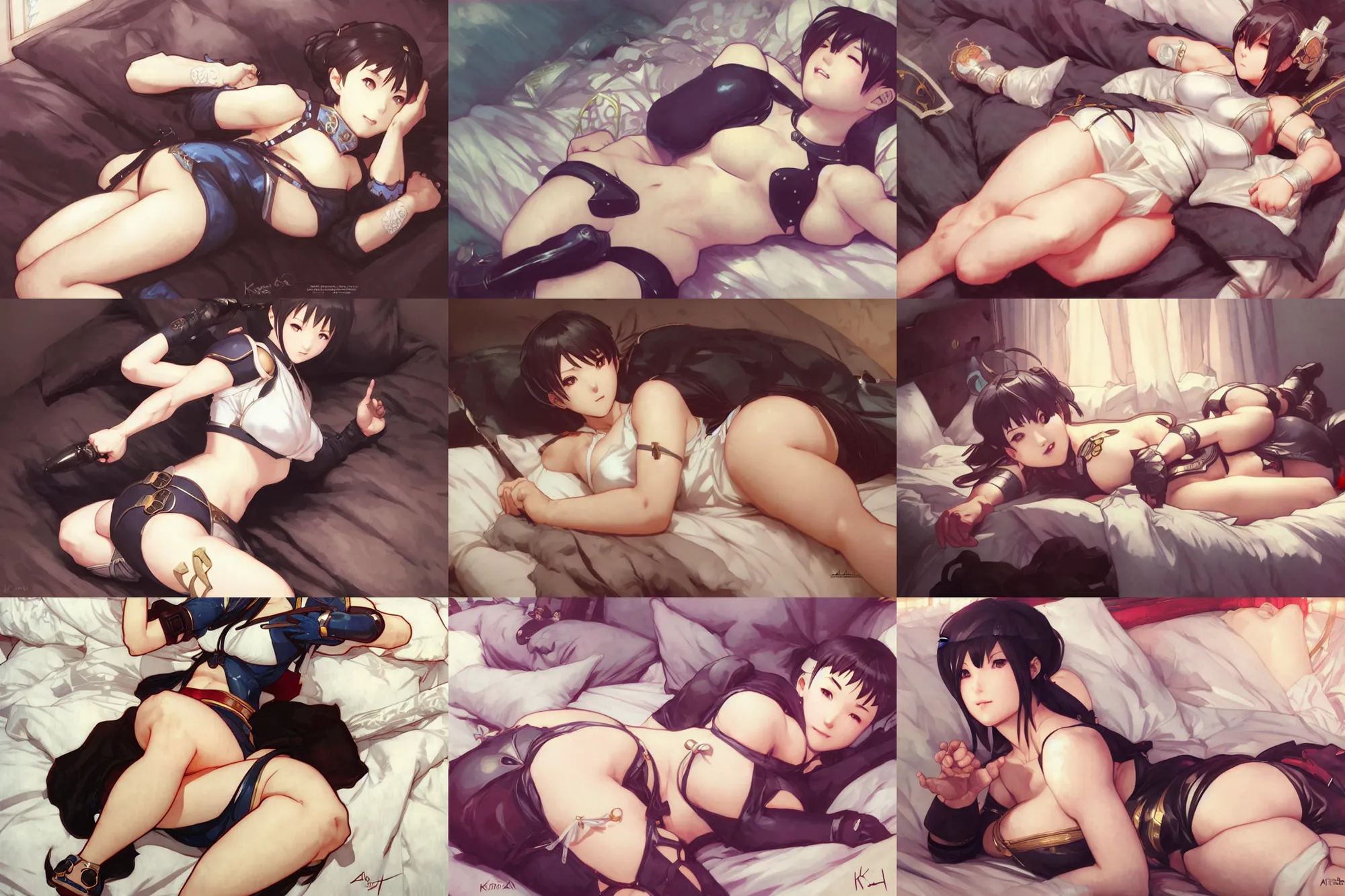 Prompt: an adorable chun - li from nier automata lying in bed by krenz cushart, artgerm, alphonse mucha, akihiko yoshida