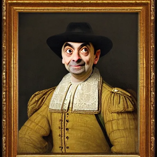 Prompt: mr. bean portrait in the louvre, painted by rembrandt