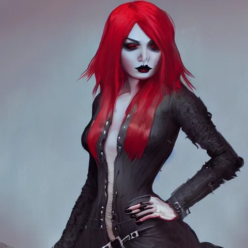 Prompt: a woman wearing a gothic outfit, red hair, highly detailed, digital painting, artstation, concept art, smooth, sharp focus, illustration